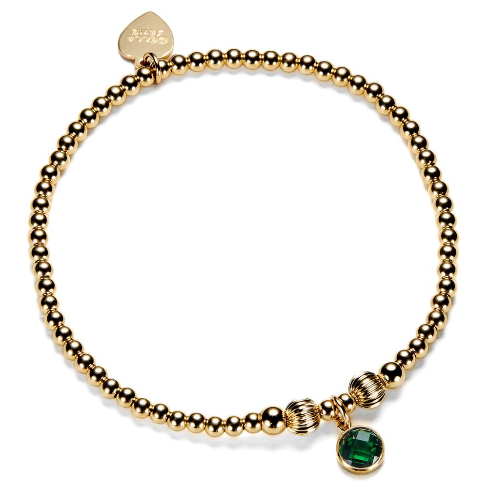 Gold-filled beaded bracelet with a green cubic zirconia charm, representing a May birthstone.