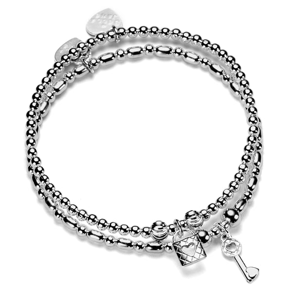 Sterling silver beaded stacking bracelet duo with heart padlock and key charms