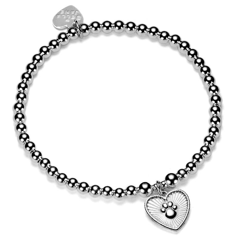 A sterling silver bracelet with a beaded design featuring a heart-shaped charm with a paw print design, displayed on a white background.