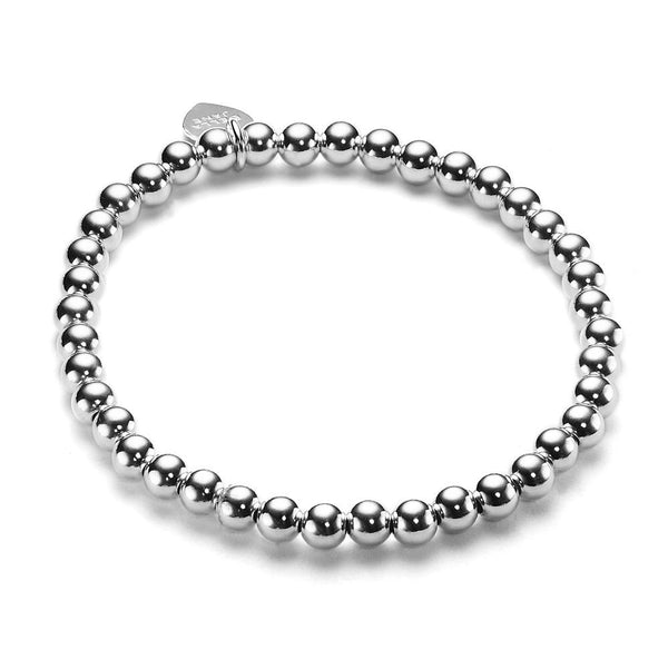 A sterling silver beaded bracelet with 5mm round beads and the Bella Jane sterling silver heart tag, displayed on a white background.