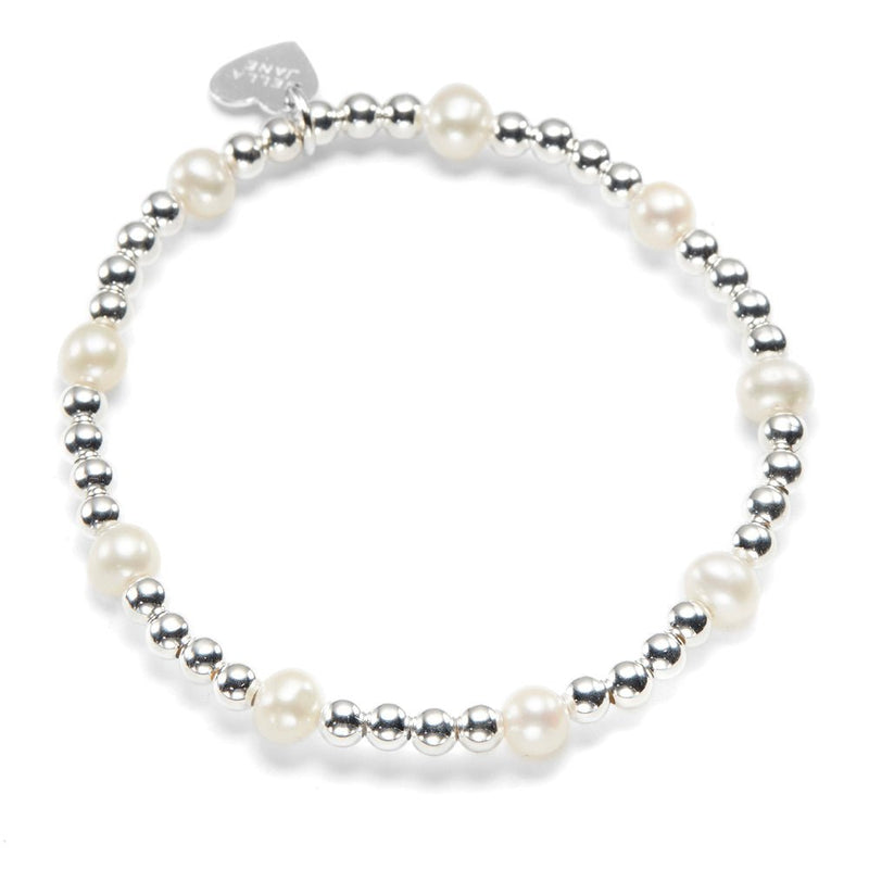Pearl and silver beaded bracelet on a white background