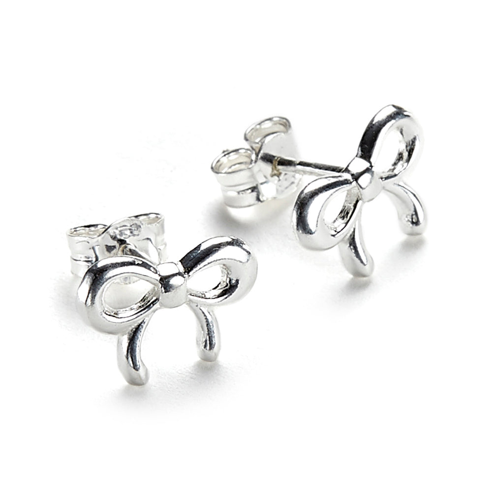 A pair of sterling silver Bella Bow stud earrings displayed on a white background