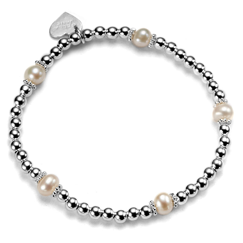 Silver and freshwater pearl beaded bracelet against a white background