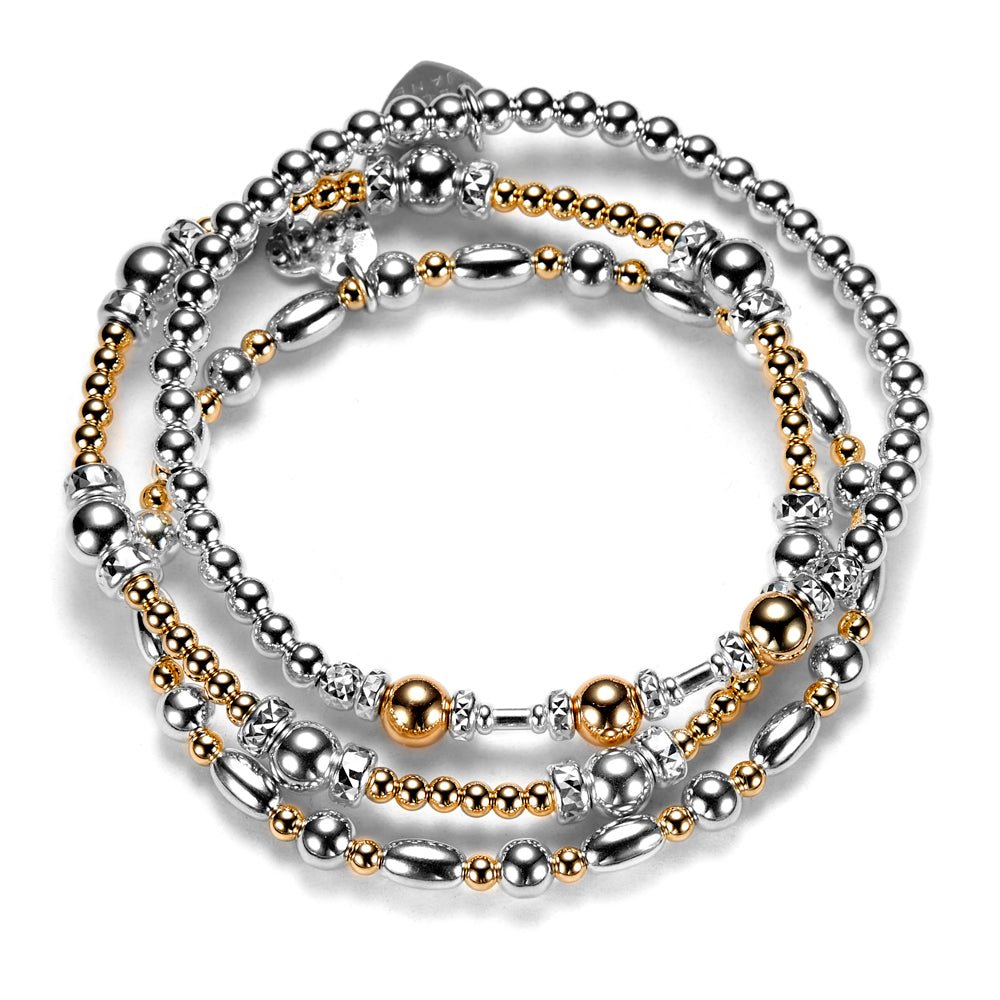A close up of the Gold All About the Beads 2 sterling silver and gold-filled beaded bracelet stack.
