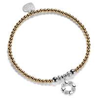 A Bella Jane gold-filled and sterling silver beaded bracelet on a white background, featuring a silver wreath-shaped charm with alternate little hearts and roses