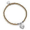 A close-up photo on a white background, of a gold-filled beaded bracelet with sterling silver focal beads and silver heart-shaped charm, featuring angel number 444 on the front of the charm.