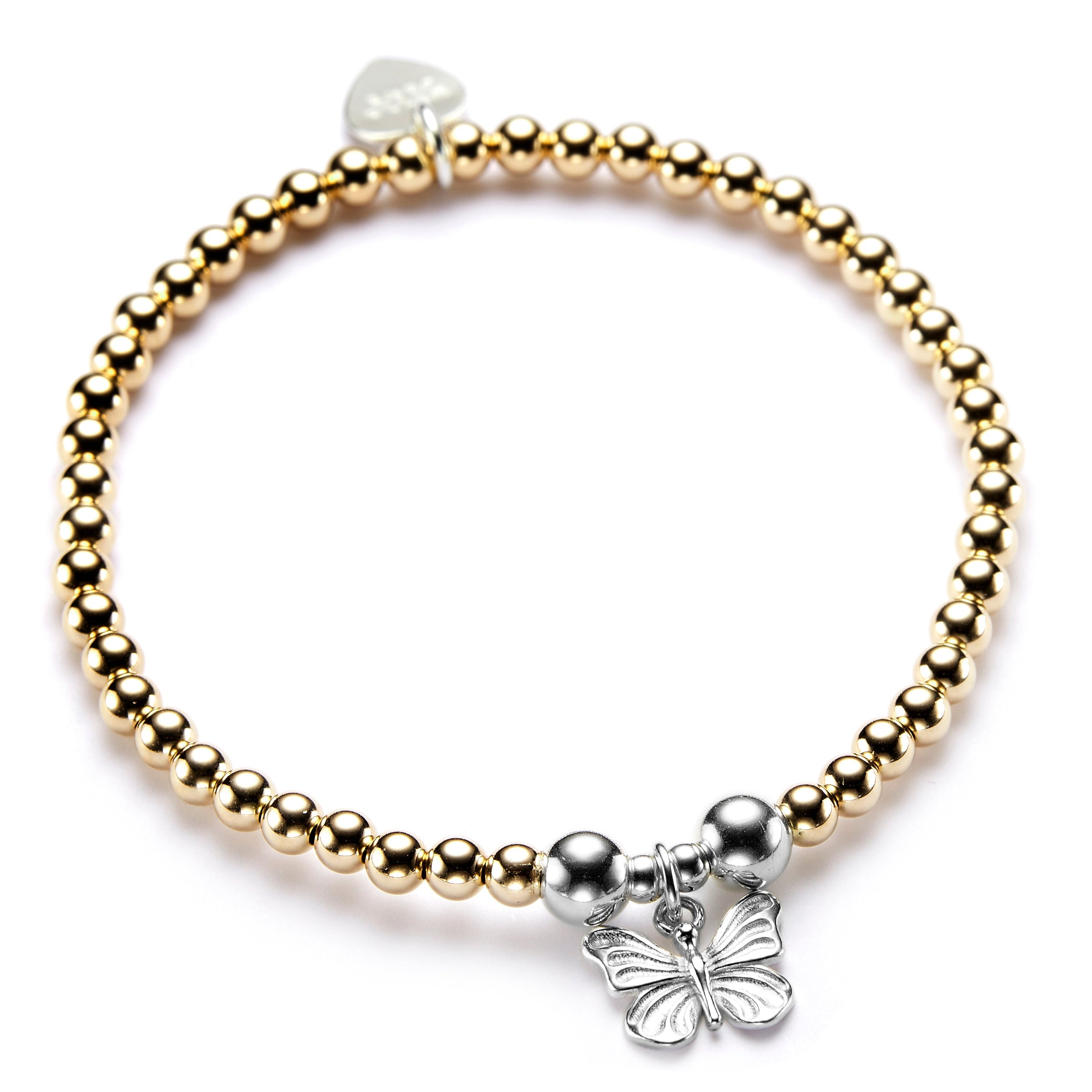 A gold beaded bracelet with a silver butterfly charm.