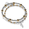 Silver and gold mixed metal beaded bracelet duo with a silver angel wing charm on a white background