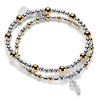 Silver and gold mixed metal beaded bracelet duo with a silver angel wing charm on a white background