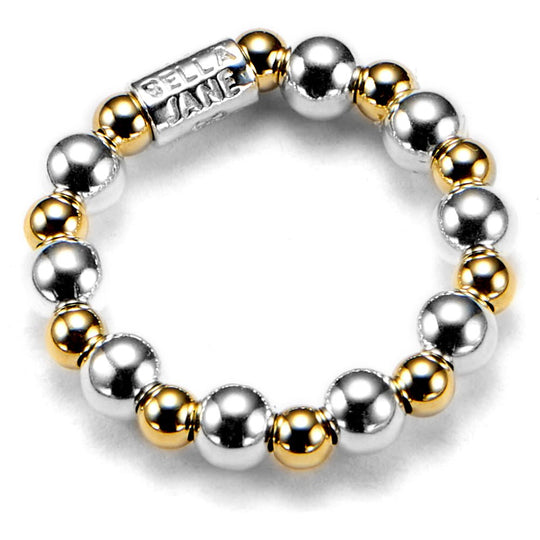 Beaded ring with silver and gold balls on a white background, branded 'Bella Lane'.