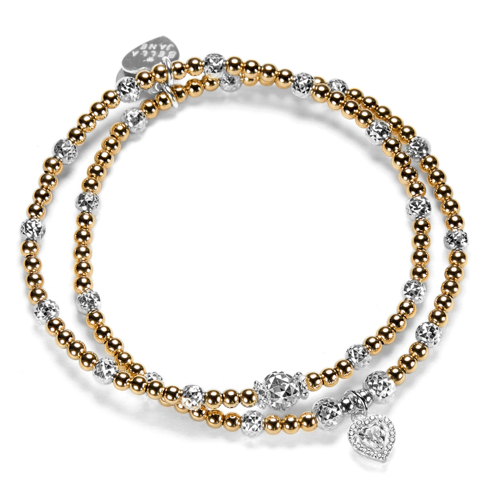 2 gold-filled beaded Bella Jane stacking bracelets, featuring sparkly sterling silver faceted beads, with one bracelet featuring a sterling silver and cubic zirconia sparkly heart charm, against a white background.