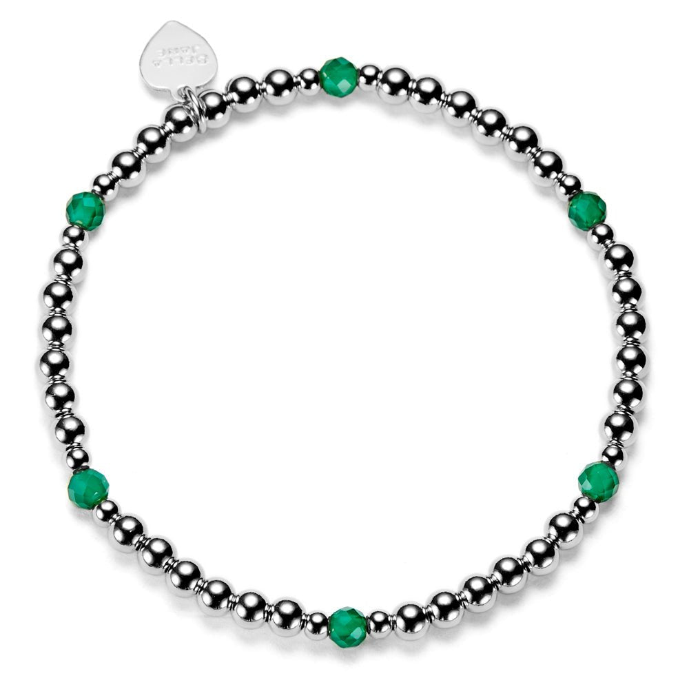 Sterling silver beaded bracelet with green beads and on a white background