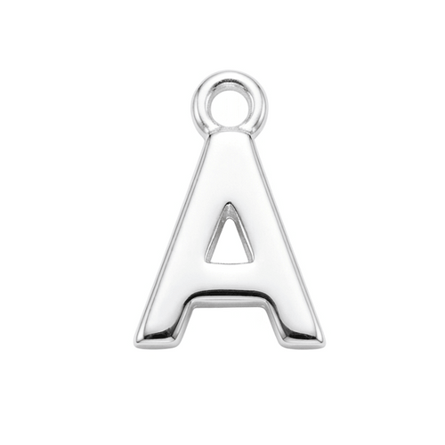A polished silver letter 'A' charm pendant with a small top loop, shown on a plain white background.