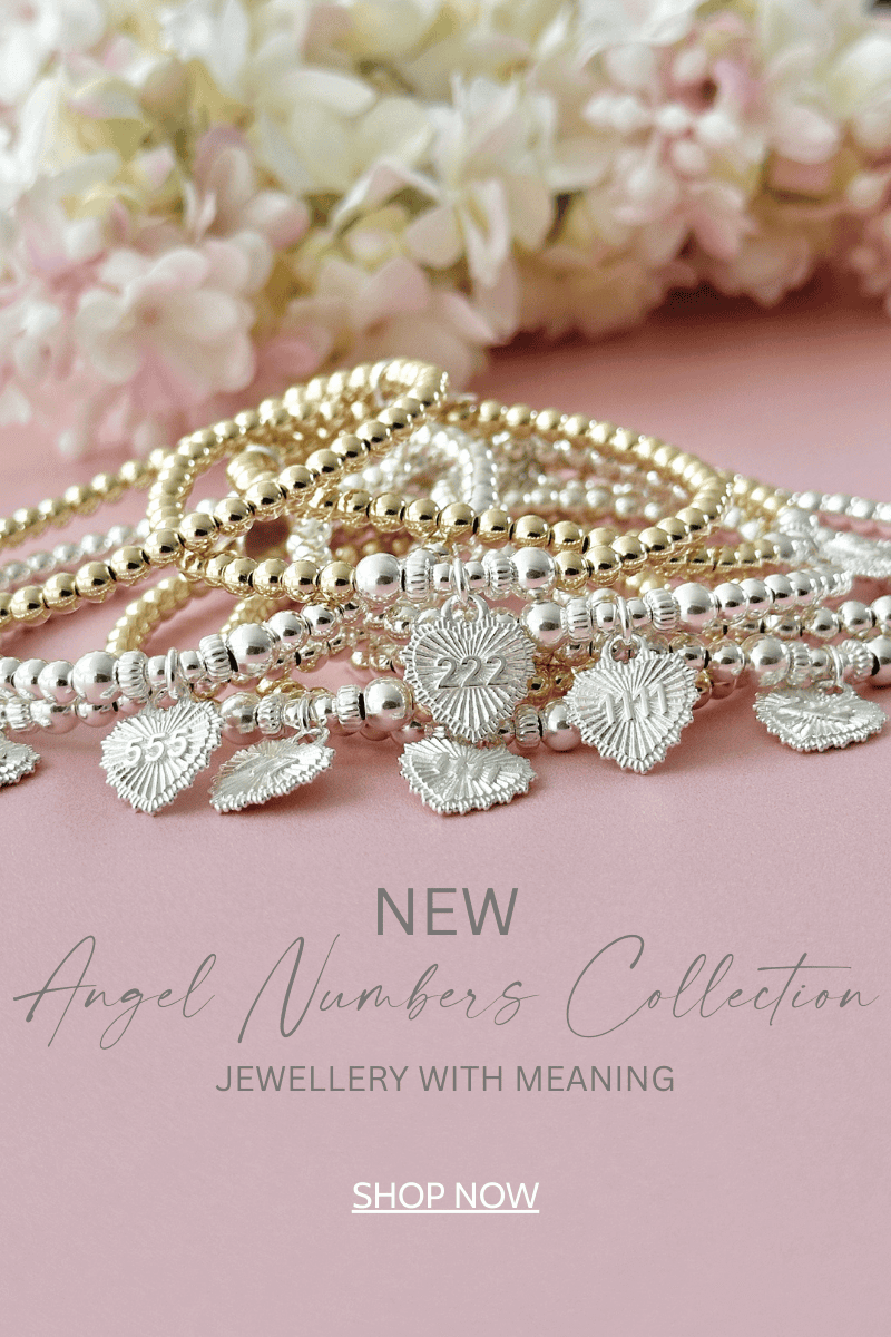 Silver and gold beaded bracelets with heart charms on a pink background, featuring text about a 'New Angel Numbers Collection'.