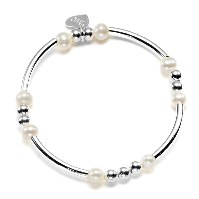 Sterling silver and freshwater pearl beaded bracelet with noodle shaped and round beads on a white background