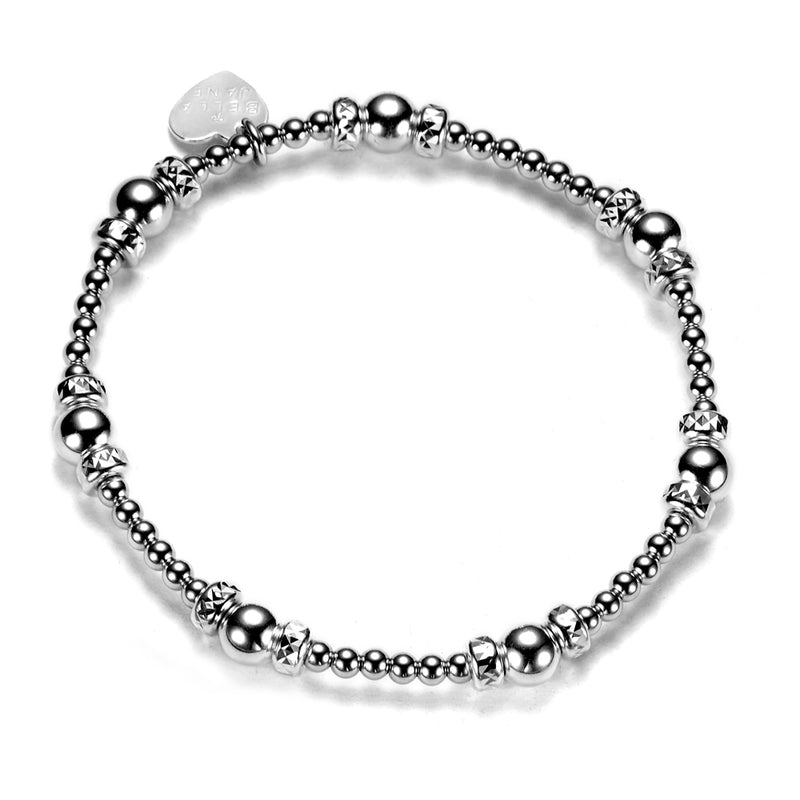 A sterling silver beaded bracelet with a mix of 3mm and 6mm round beads, featuring a faceted spacer bead design and a sterling silver Bella Jane heart tag.
