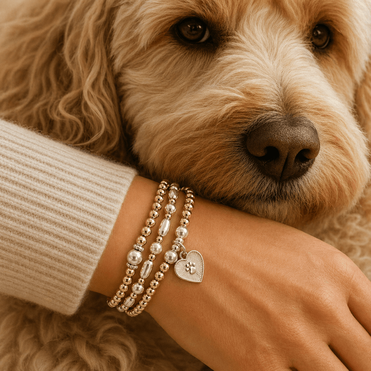 Close-up of a dog's face with a lady's wrist wearing three beaded stacking bracelets, one with a heart-shaped charm with a tiny paw print on it.