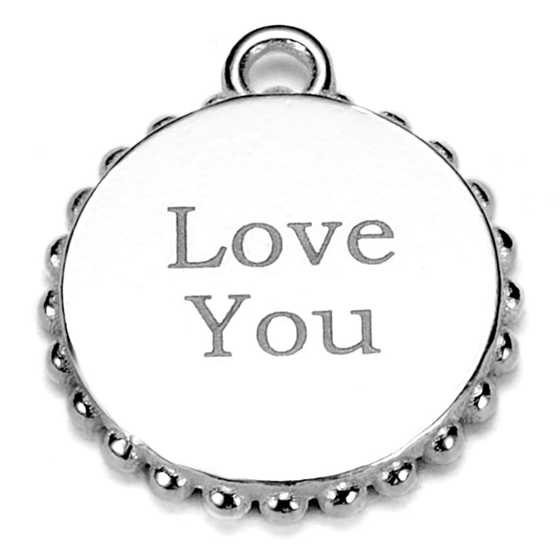 Reverse side of the personalised bobble disc charm, engraved with the words 'Love You' on a white background