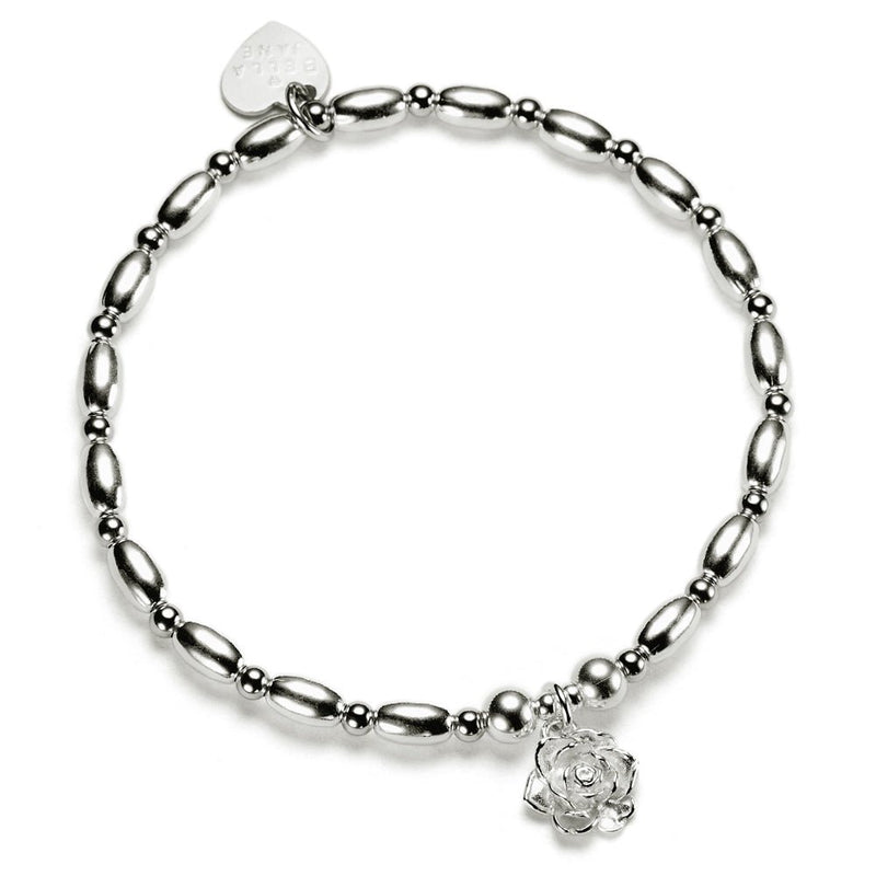 Silver beaded bracelet with a rose charm on a white background