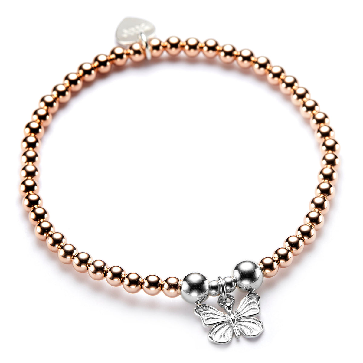 A rose gold beaded bracelet with a silver butterfly charm.