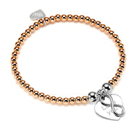 Rose gold beaded bracelet with silver 'love you' charm on a white background