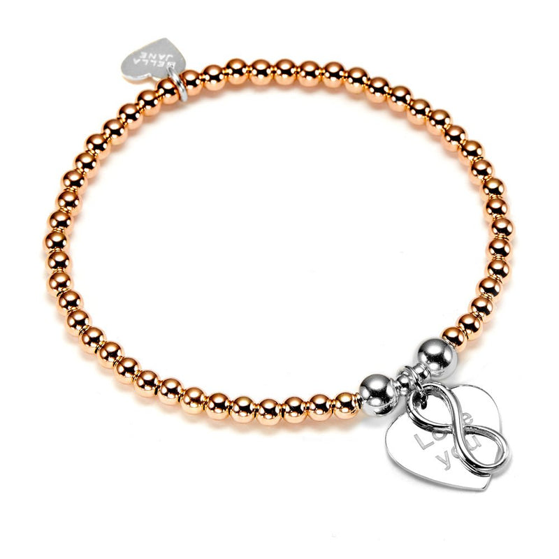 Rose gold beaded bracelet with silver 'love you' charm on a white background