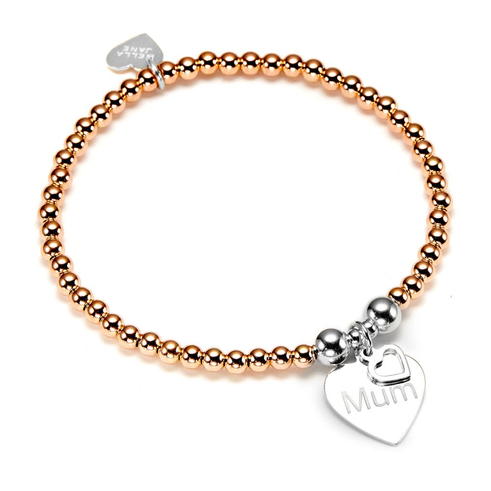 A rose gold beaded bracelet with a silver 'Mum' heart charm on a white background.