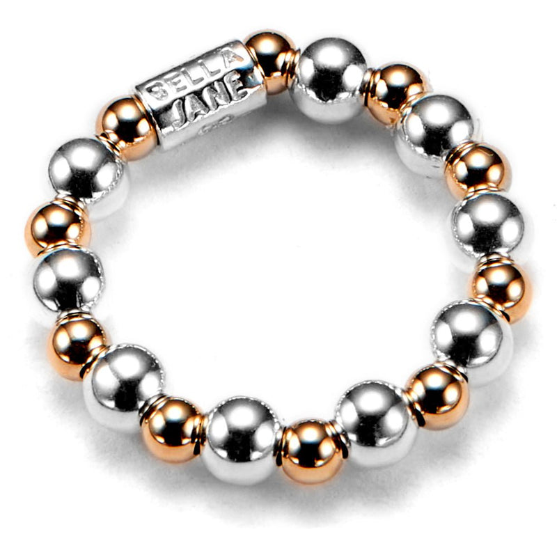 Beaded ring with silver and rose gold beads on a white background