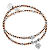 Two rose gold and silver mixed metal beaded stacking bracelets, one with a sparkly heart-shaped charm on a white background.