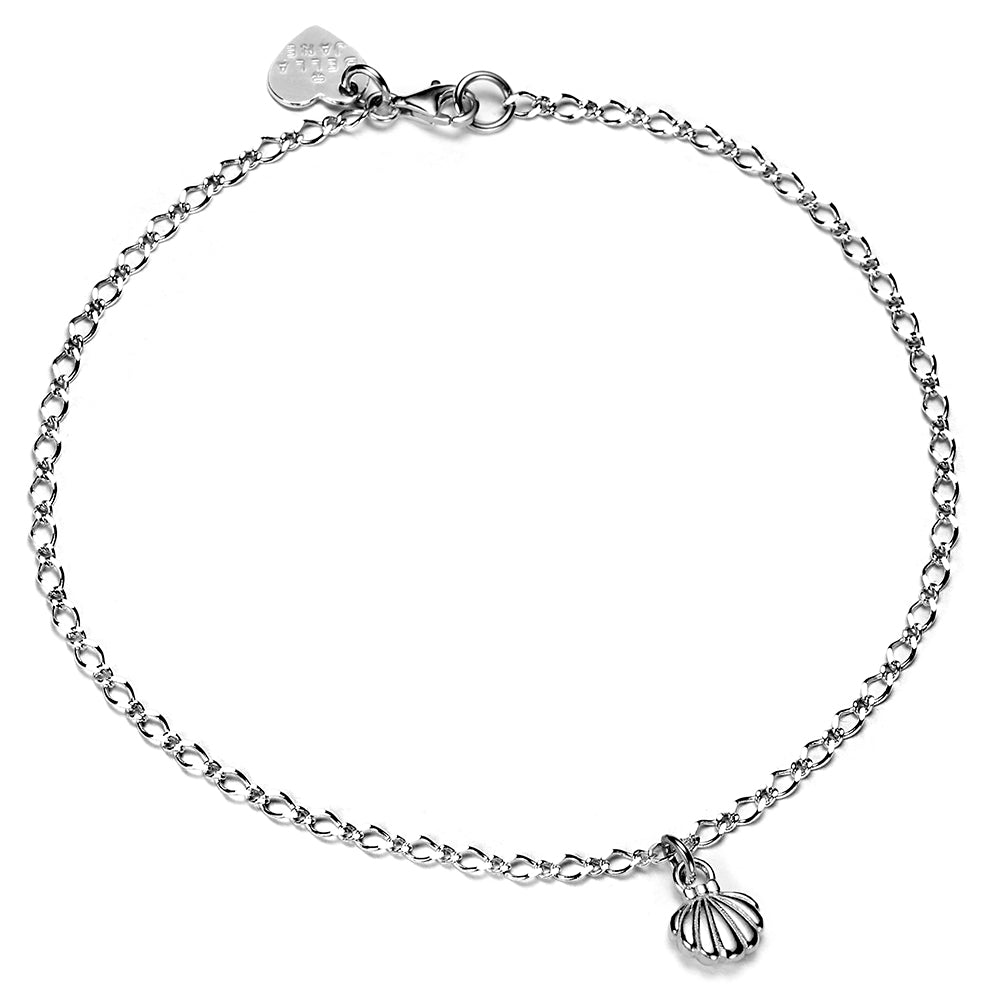Silver delicate anklet chain with a shell charm and Bella Jane heart-shaped tag, displayed on a white background