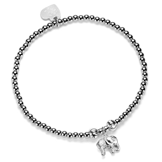 Bracelet with beaded design and elephant charm on a white background