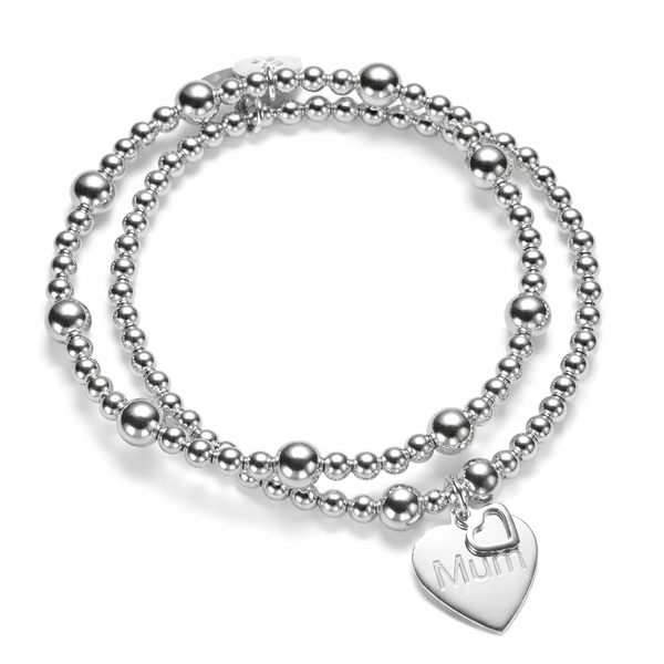 Two silver beaded bracelets with a heart-shaped 'Mum' charm on a white background
