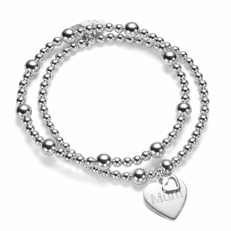 Two silver beaded bracelets with a heart-shaped 'Mum' charm on a white background