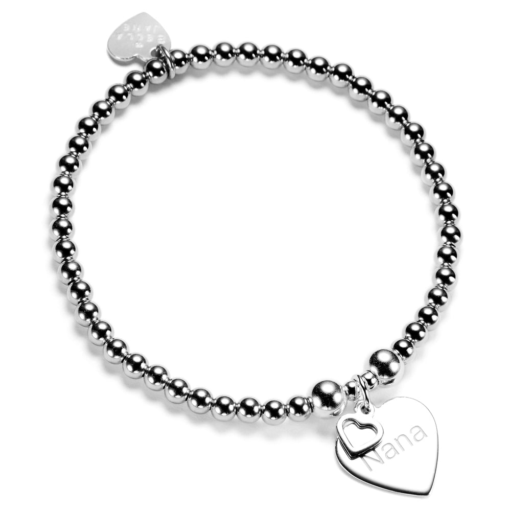 Silver beaded bracelet with heart-shaped charm featuring the word 'Nana' on a white background