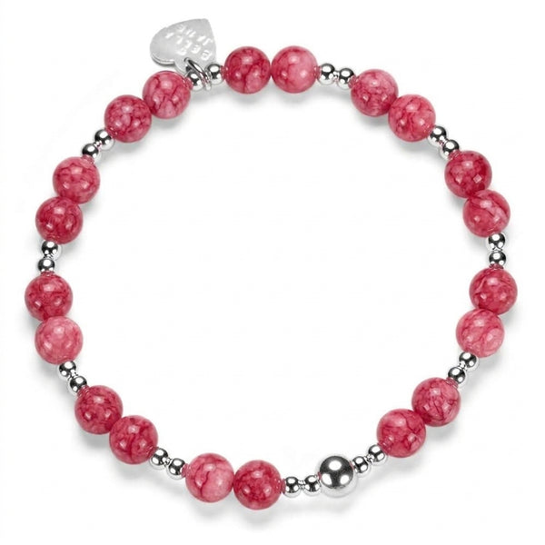 Raspberry coloured beaded bracelet with sterling silver beads on a white background.