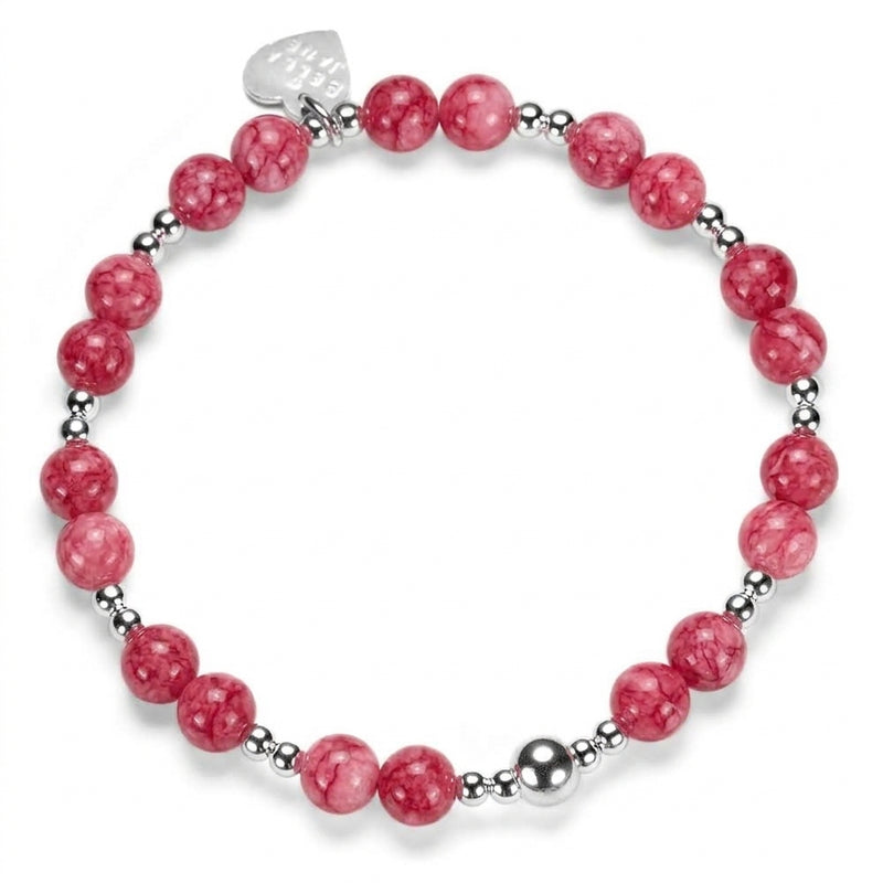 Raspberry coloured beaded bracelet with sterling silver beads on a white background.