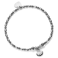 Silver beaded bracelet with shell charm on a white background