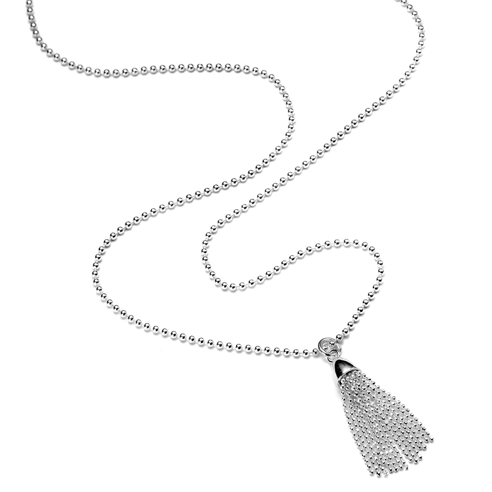 A long silver chain with a sterling silver tassel charm.