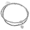 Two silver beaded bracelets, one with a sparkly heart-shaped charm on a white background.