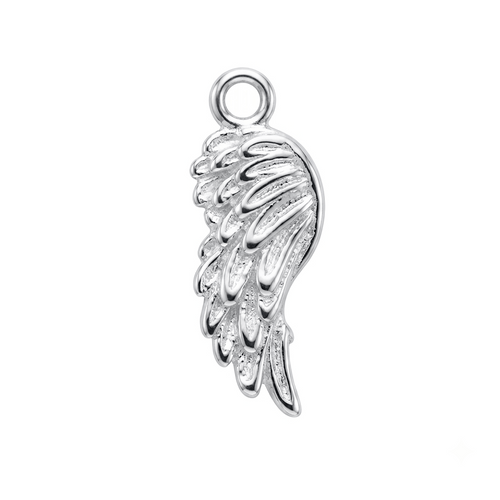 A polished silver angel wing charm with a detailed textured feather pattern and a top loop, shown on a plain white background.