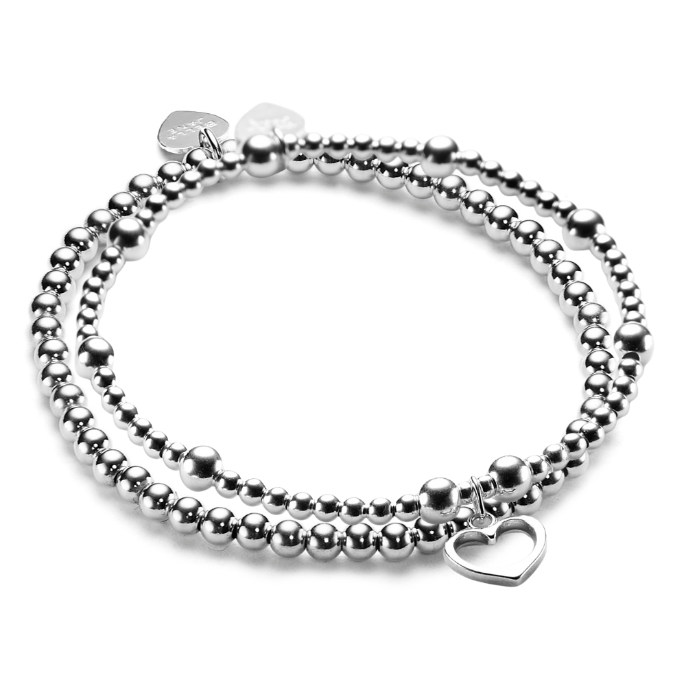 Silver beaded bracelet with a heart charm with a plain silver beaded bracelet on a white background