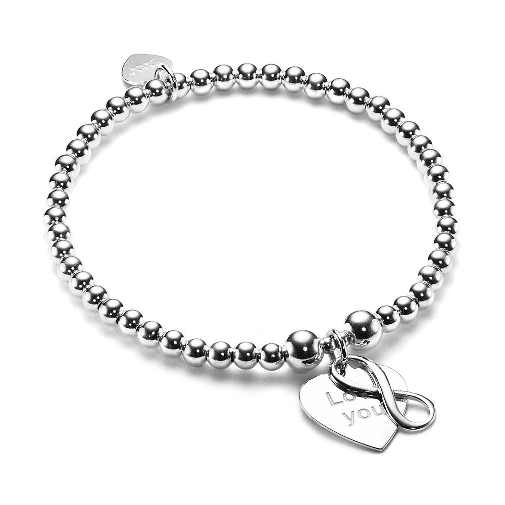 sterling silver beaded stacking bracelet with heart shape disc with words Love You engraved