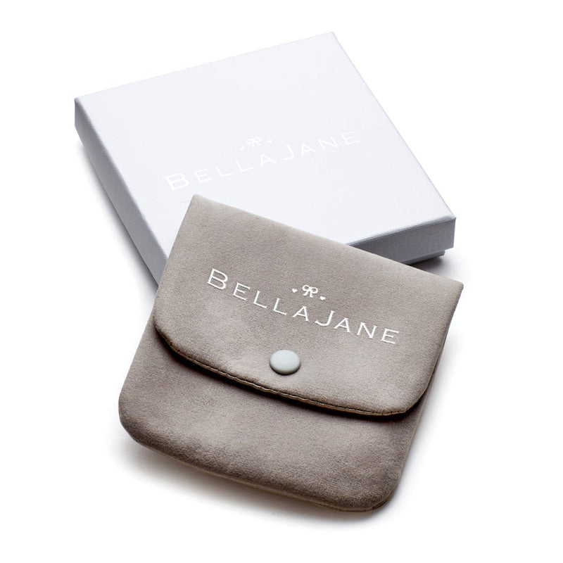 Grey jewellery pouch and box with 'Bella Jane' branding on a white background