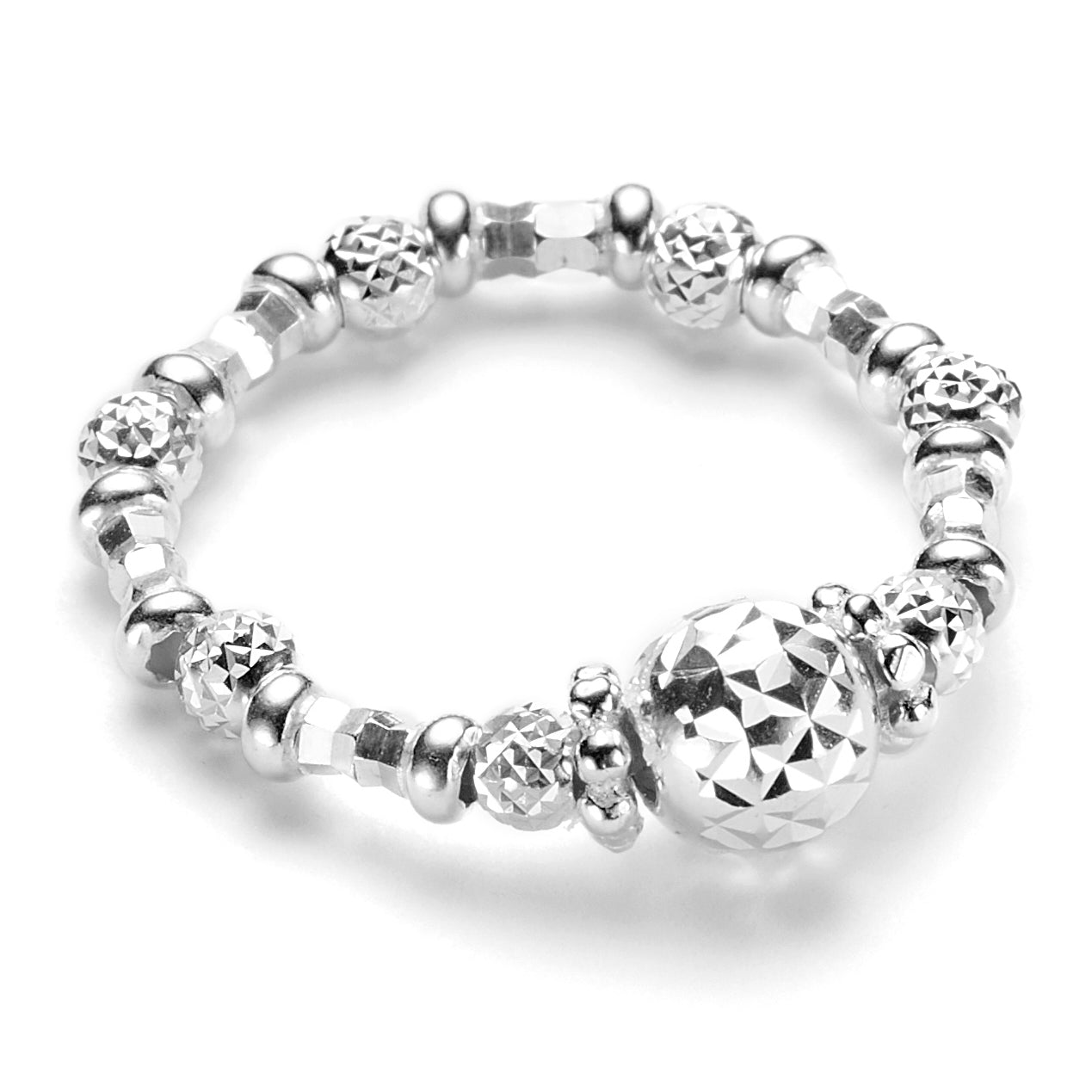 A sterling silver ring with beaded detailing and a diamond cut central bead