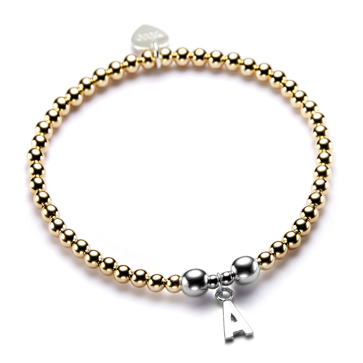 Gold and silver beaded bracelet with a letter 'A' charm on a white background