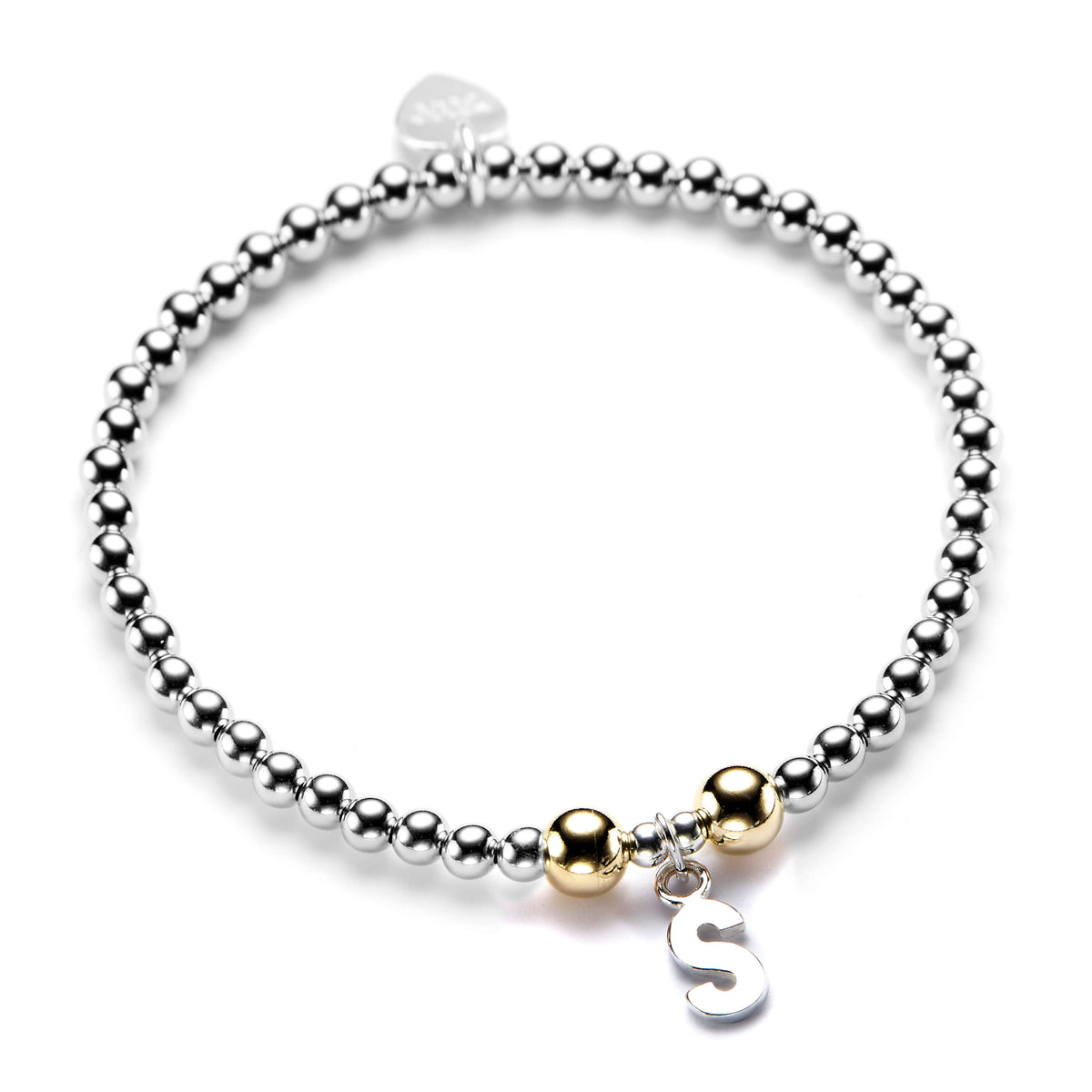 A sterling silver bracelet with gold-filled beads and a personalized sterling silver initial charm, displayed on a white background.