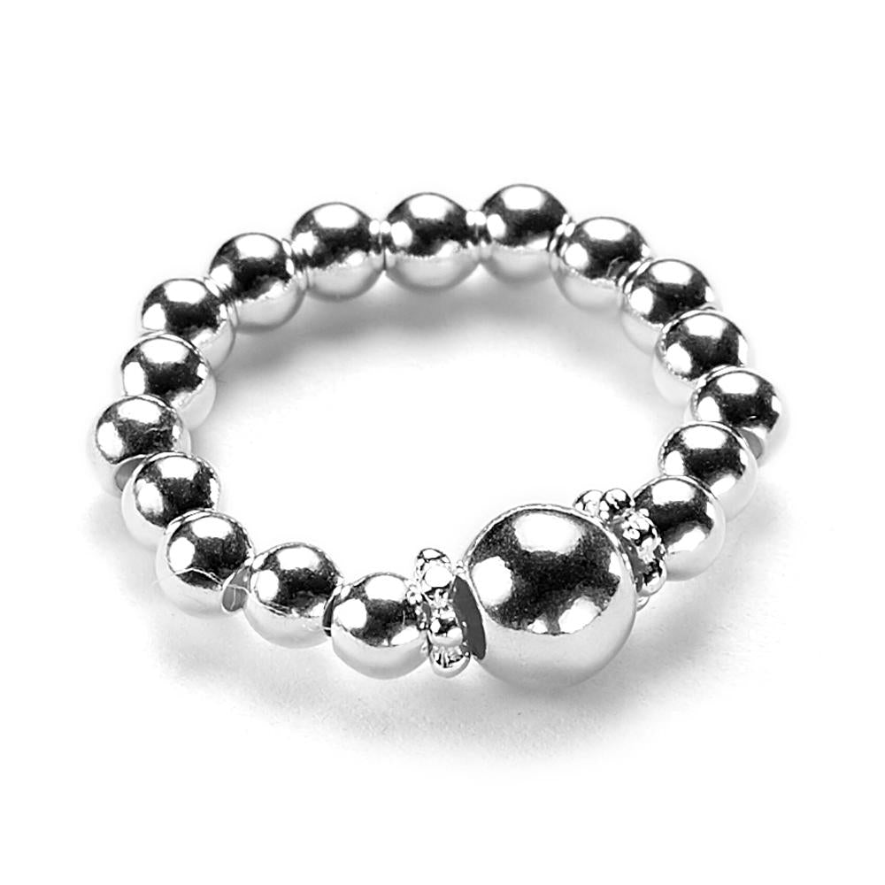 Sterling silver beaded stacking ring displayed on a white background