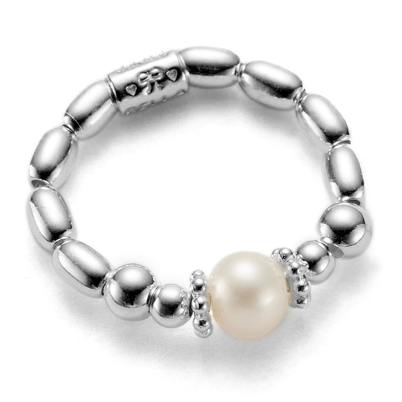 Sterling silver beaded stacking ring featuring a focal freshwater pearl at the front and a branded Bella Jane bead at the back.