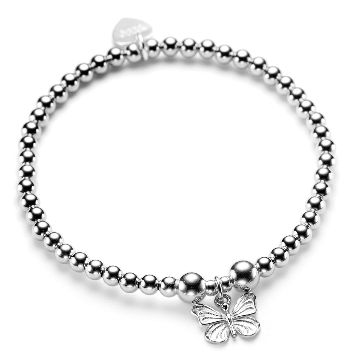 A sterling silver bracelet with a beaded design featuring a butterfly charm as the focal point.