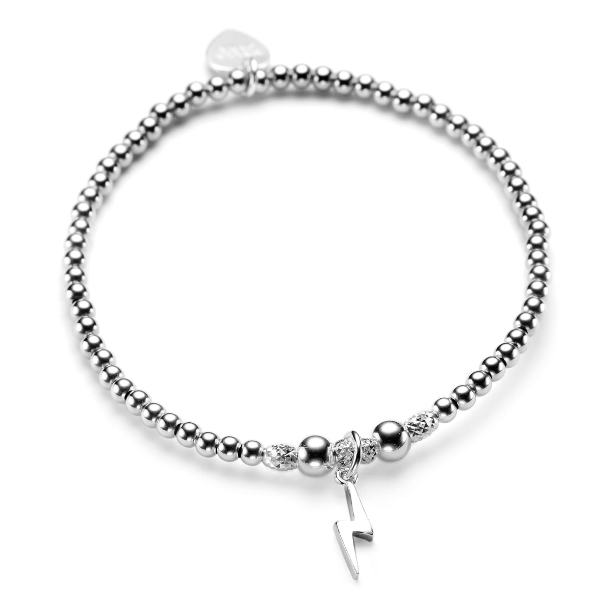 sterling silver beaded bracelet with a silver lightning charm